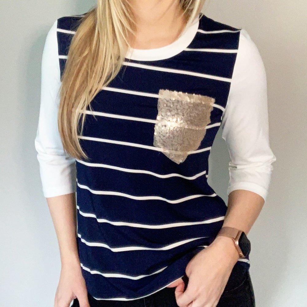 Navy and white top with gold sequin pocket, small